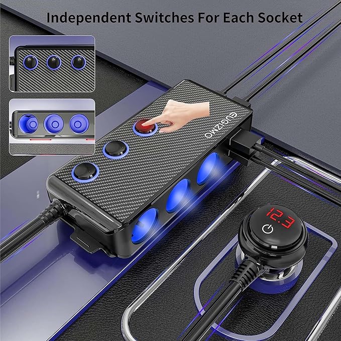 EUGIZMO Cigarette Lighter Plug Splitter, 3 Socket 200W Car Cigarette Lighter Adapter USB Charger Extension Cord Multi Port Power Plug 12V/24V Splitter with LED Voltage Display Independent Switches