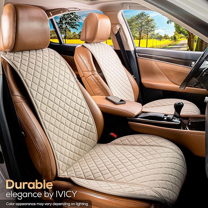 IVICY Faux Linen Front Car Seat Cover – Durable, Non-Slip Seat Protector for Cars – 1 Unit, Light Beige