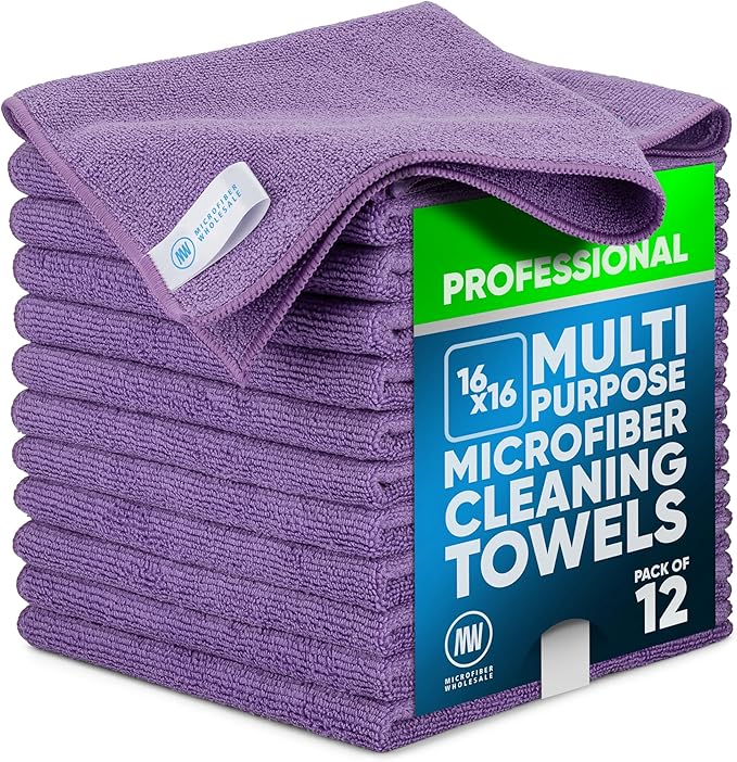 MW Pro Microfiber Cleaning Cloth | Purple | 12 Pack | 16” x 16” | All Purpose Microfiber Towels - Clean, Dust, Polish, Scrub, Absorbent