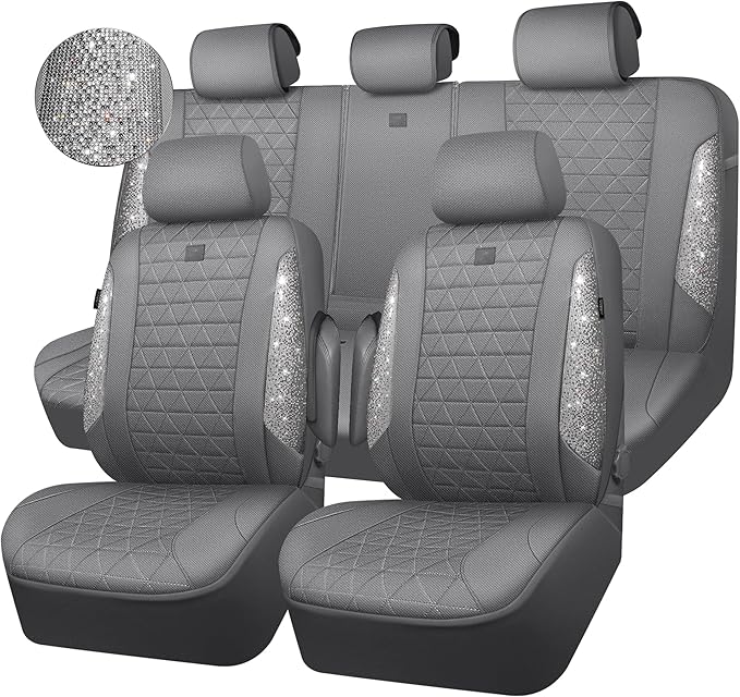 CAR PASS Gray Oxford Bling Diamond Car Seat Covers Full Set Interior Sets, Waterproof Shining Glitter Sparkly Crystal Universal Armrest Fit 95% Automotive Truck SUV Cute Women Girl, Gray Rhinestone