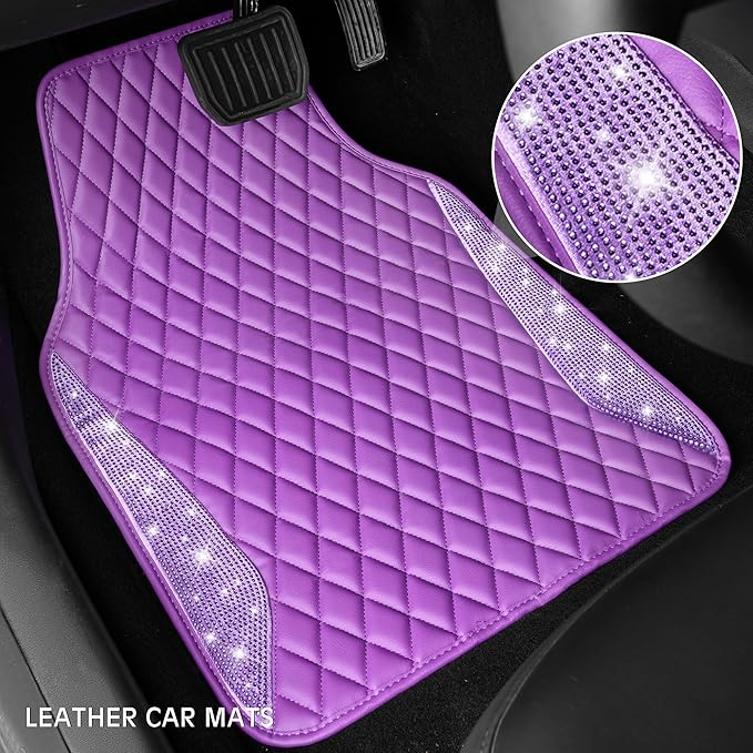 CAR PASS Bling Leather Car Mats Shining Diamond Floor Mats Crystal Rhinestone Sparkly Glitter Carpet Anti-Slip Waterproof Pad Universal Fit for Automotive SUV, Sedan, Van, 5pcs Girl Women, Purple