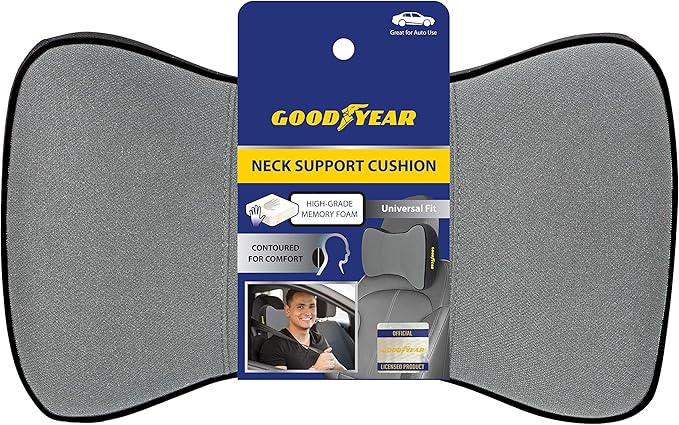 Goodyear Ergonomic Car Neck Pillow, Soft Memory Foam Headrest Pillow for Driving, Breathable & Removable Cover, Car Seat Headrest Cushion with Adjustable Strap, Neck Pain Relief, Grey