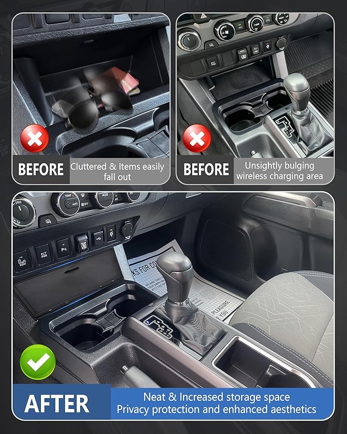 Center Console Hidden Storage Cover for Toyota Tacoma 2016-2023 Accessories, for Wireless Charging & Non Charging Models- Center Console Privacy Cover Protector Anti-Dust Organizer