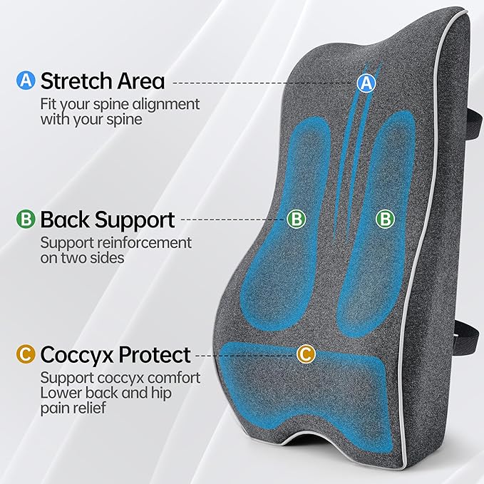 Lumbar Support Pillow for Office Chair, Back Support Pillow with Memory Foam, Relieves Back Pain, Removable Washable Cover & Adjustable Strap, for Car/Gaming Chair,Gift-Dark Grey
