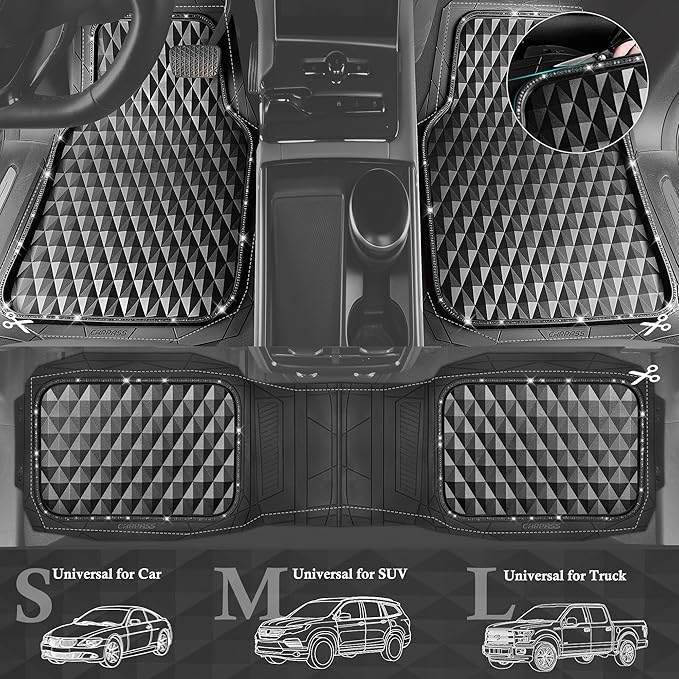 CAR PASS Bling Diamond Rubber Car Mats, Heavy Duty Deep Dish All-Weather Floor Mat Full Set Anti-Slip 3D Rhombus Waterproof Trim to Fit Liner Universal Glitter Sparkly Shining Rhinestone, 3 Pcs Black