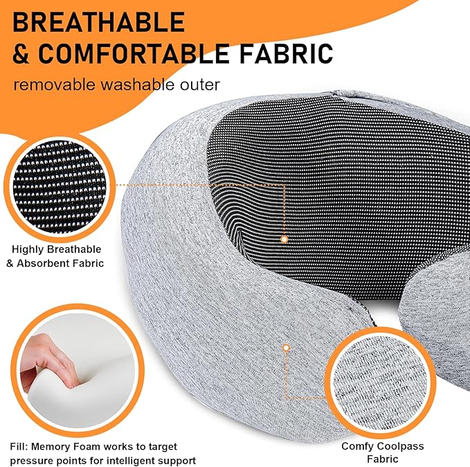 Travel Pillow - Hooded Neck Pillow Airplane Memory Foam Filling for Plane, Cars Sleeping, Road Trip, Long Flights, Airplane Travel Essentials, Includes Eye Mask & Earplugs (Light Gray)