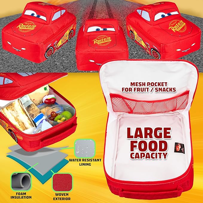 Disney Cars Lunch Bag for Kids Lightning McQueen Car Shaped Lunch Cooler Bag with Mesh Pocket Name Tag for School Snacks Travel Gifts for Kids