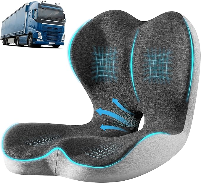 Ultimate L-Shaped Truck Driver Seat Cushion - Ergonomic Memory Foam Back & Tailbone Support - Breathable Cool-Mesh Pressure Relief Pad for Office Chairs, Semi-Trucks, & Long-Haul Driving