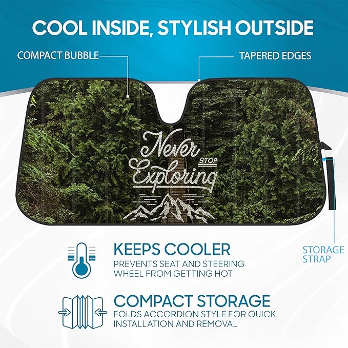 BDK Never Stop Exploring Front Windshield Sunshade Accordion Folding Style Auto Shade for Car Truck SUV Van Blocks UV Rays Sun Visor Protector Easy Setup Keeps Your Vehicle Cool - 58 x 27 inches