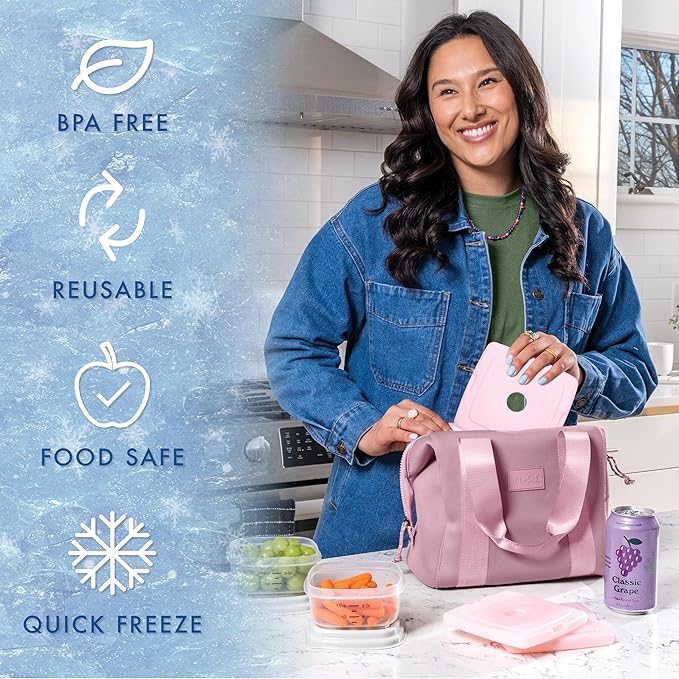 Cool Coolers by Fit & Fresh Slim Ice Packs, Quick Freeze Reusable Ice Packs for Lunch Boxes & Coolers, Long-Lasting, Space Saving Lunch Ice Packs, Light Pink, 4Pk