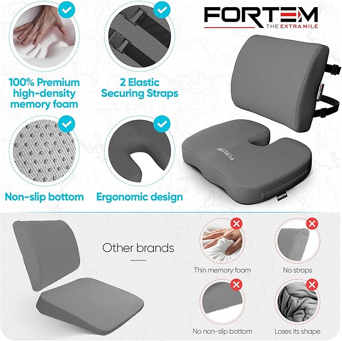 FORTEM Seat Cushion, Office Chair Cushion, Lumbar Support Pillow for Office Chair, Memory Foam Sciatica Coccyx Tailbone Pressure Pain Relief, Car Sitting Pad, Washable Non Slip