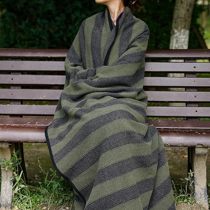 PuTian Merino Wool Blanket - 63" x 51" Thick Warm Soft Twin Bed Throw - Great for Camping, Outdoors, Travel, Car, Couch, All Seasons Green Stripe
