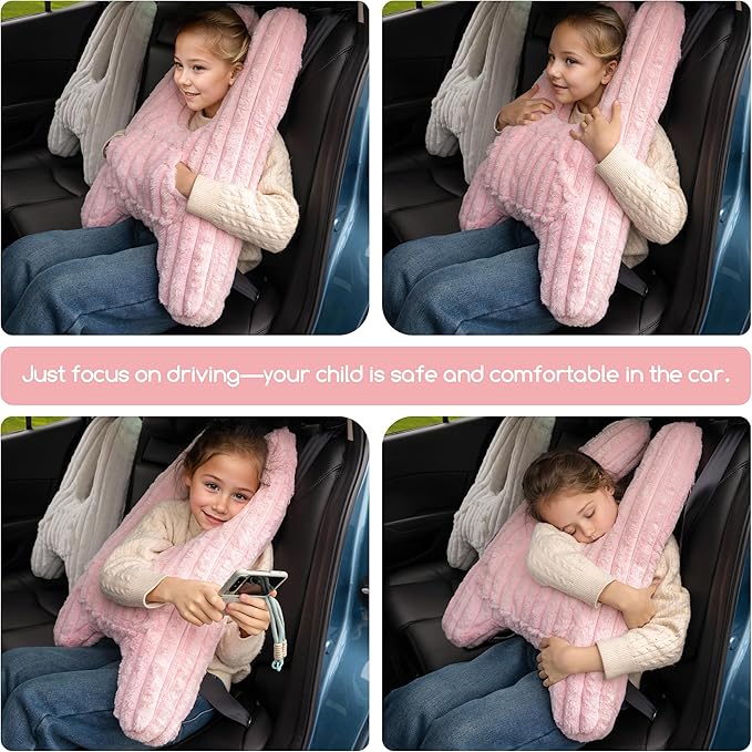 HIGOGOGO Washable Travel Pillow, Car Pillow for Kids & Adults, Upgraded Travel Pillows with Removable Soft Cover and High-Support Foam, Fix Neck and Body Sitting/Sleeping on The Trip, Pink