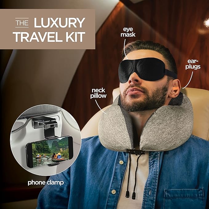 Homeify Airplane Neck Pillow Includes Travel Pillow + Airplane Phone Holder Mount + Eye Masks + Earplugs for Travel, 100% Pure Memory Foam Travel Pillow, 4 Pc Travel Kit, 2 Pack
