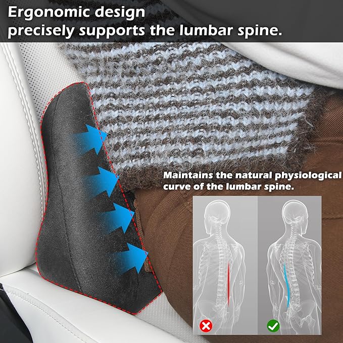 Lumbar Support Pillow for Car, Ergonomic Memory Foam Back Cushion for Driving, Seat Office Chair, Gaming Chair, Lower Back Support for Back Pain Relief, Black, 2 Pack