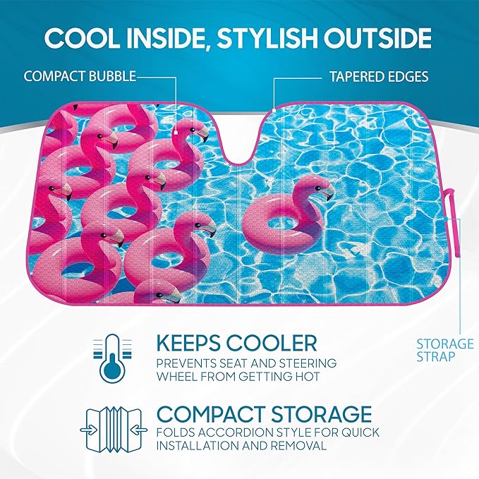 BDK Pink Flamingo Floatie Front Windshield Sunshade Accordion Folding Style Auto Shade for Car Truck SUV Van Blocks UV Rays Sun Visor Protector Easy Setup Keeps Your Vehicle Cool - 58 x 27 inches