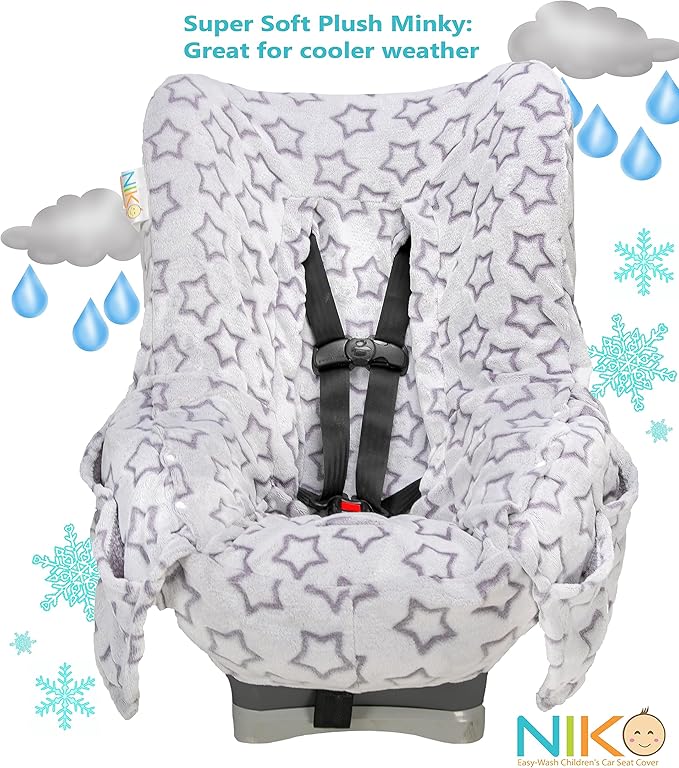 Niko Easy Wash Children's Car Seat Cover & Liner -Minky -Silver Star -Perfect for Winter Weather-Universal Fit -Crash Tested -Waterproof SEAT Bottom -Easy to Clean -Machine Washable
