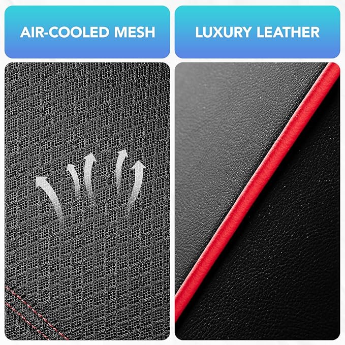 Road Comforts Car Seat Covers, Leather Front Seat Covers with Piping, Air-Cool Mesh Designed, Airbag Compatible Automotive Seat Covers for Most Car, Truck, Van, SUV - Black with Red Piping