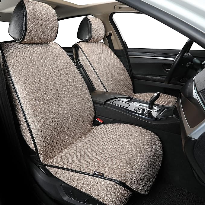 Luxury Full Coverage Car Seat Covers, Premium Breathable 3D Diamond Pattern Fabric, All-Season Automotive Interior Seat Protectors, Universal Fit for Sedan SUV Truck (2 Fronts Beige)