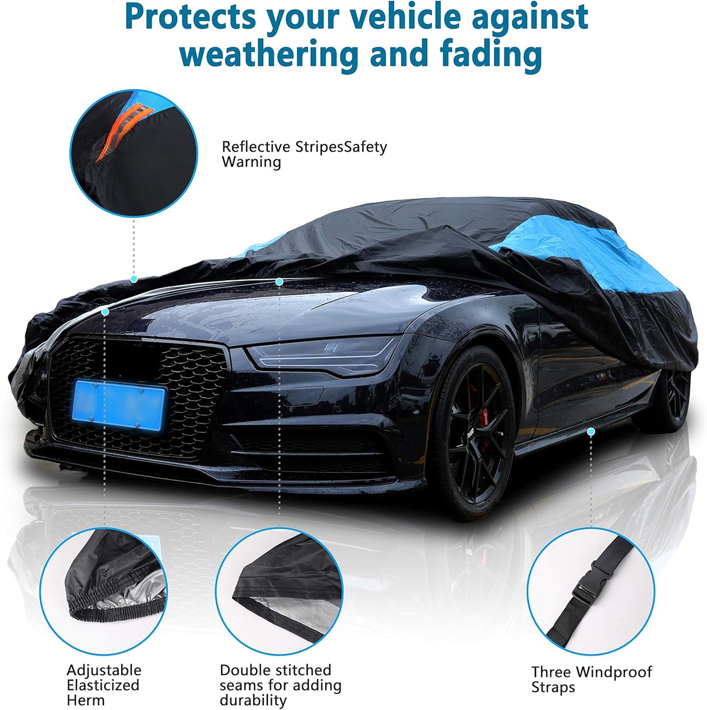 MORNYRAY Waterproof Car Cover All Weather Snowproof UV Protection Windproof Outdoor Full car Cover, Universal Fit for Sedan (Blue, A0-Fit Sedan Length(Up to 153 inch)