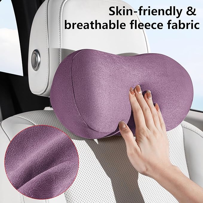 Car Neck Pillow Ergonomic Design Memory Foam Softness Car Headrest Pillow for Neck Support Cushion for Driving, Universal Fit Head Rest Travel Pillow, Fits All Vehicles, Purple, 2 Pack