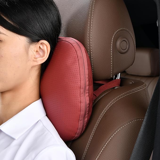 Genuine Leather Car Neck Pillow for headrest,Support Drive Seats Head Cushion,Real Cow Leather,11.8x7.5”,Plant-Based Polyester,Thickness & Height Adjustable,Inner Liner fillable(Wine,1p)