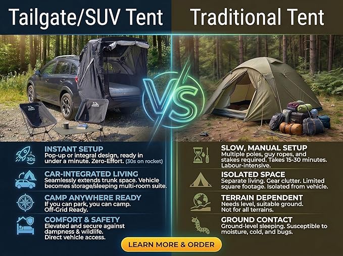 Hasika SUV Tailgate Tent - Universal Car Camping Awning, 3000mm Waterproof & UPF 50+ - Portable Hatchback Tent Privacy Shelter for SUV, CUV, Minivan - Easy Setup Road Trip Essentials Black Large