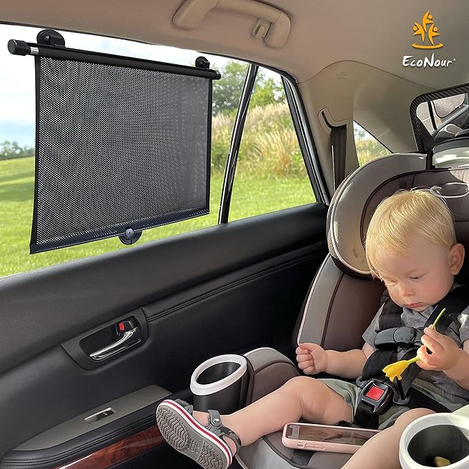 EcoNour Car Window Shades (4 Pack) | Retractable Roller Sunshade for Kids | Baby Window Shades for Offers Impeccable Sun Protection | Curtain Shades for Privacy Blackout | 15"x17"