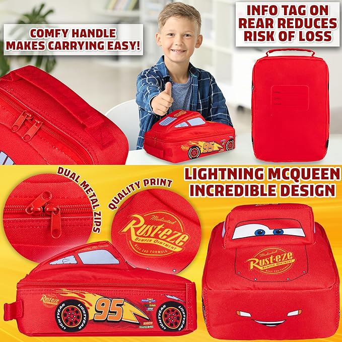 Disney Cars Lunch Bag for Kids Lightning McQueen Car Shaped Lunch Cooler Bag with Mesh Pocket Name Tag for School Snacks Travel Gifts for Kids