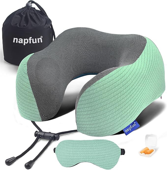 napfun Neck Pillow for Traveling, Upgraded Travel Neck Pillow for Airplane 100% Pure Memory Foam Travel Pillow for Flight Headrest Sleep, Portable Plane Accessories, Turquoise Striped Kit