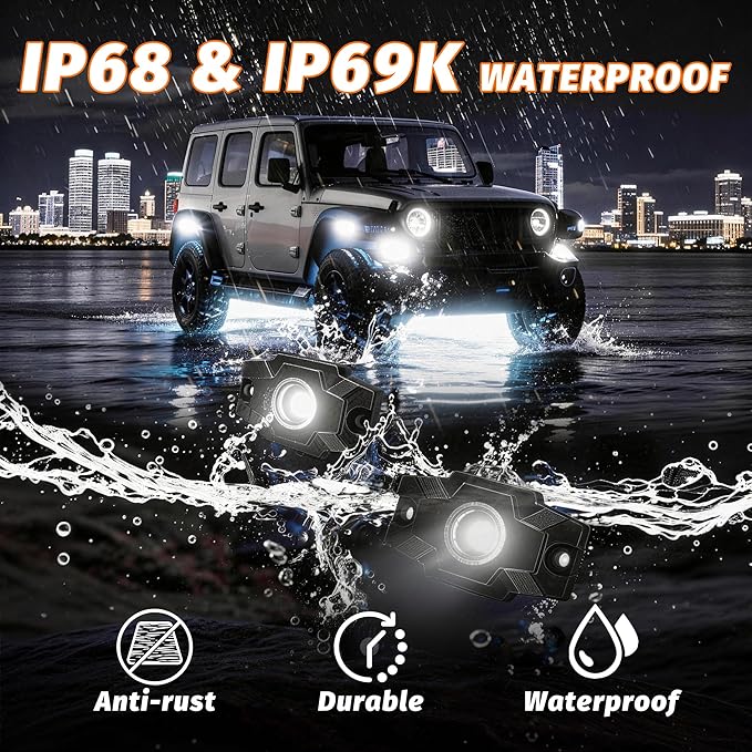 LED Rock Lights Trail Rig Lamp Rocklights 6500K Pure White LED Neon Underglow Lights IP68 Waterproof 9-24V for Off Road Truck Golf Carts ATV UTV SUV SXS RV Motorcycle Boat (4 Pods)