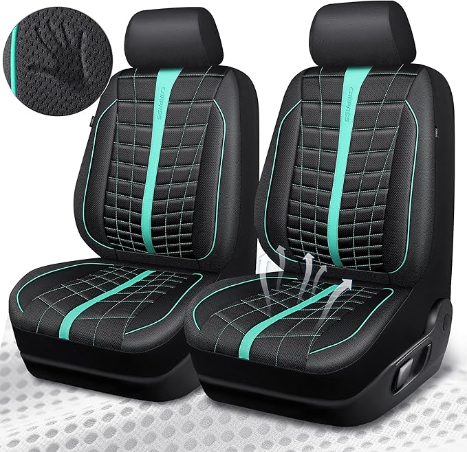 CAR PASS 3D Air Mesh Seat Covers for Car, Leather Car Seat Cover Front Seats, Breathable Foam Premium Leather Mesh Front Seat Covers Universal Fit for Cars Sedans Trucks Vans SUVs, Black Mint