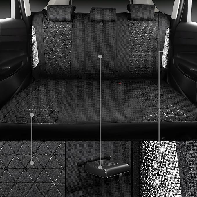 CAR PASS Oxford Bling Diamond Car Seat Covers Full Set Interior Sets, Waterproof Shining Glitter Sparkly Crystal Universal Armrest Fit 95% Automotive Truck SUV Cute Women Girl, Black Silver Rhinestone