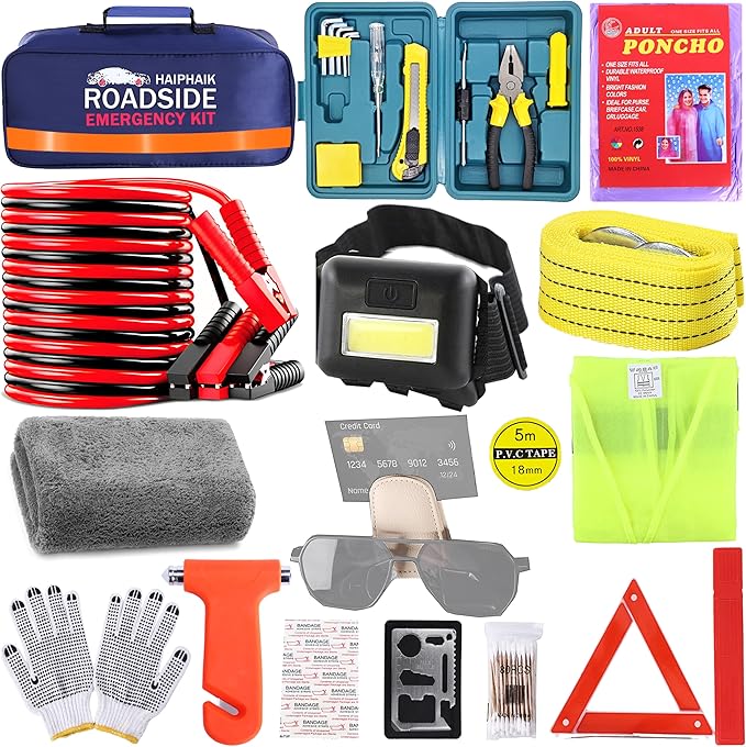 Emergency Roadside Kit for Car,Emergency Kits for Vehicles,Jumper Cables headlamps car Glasses Holder,Roadside Emergency Kit Women Men