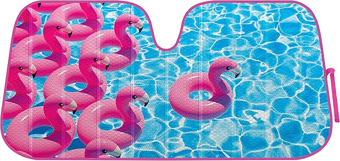 BDK Pink Flamingo Floatie Front Windshield Sunshade Accordion Folding Style Auto Shade for Car Truck SUV Van Blocks UV Rays Sun Visor Protector Easy Setup Keeps Your Vehicle Cool - 58 x 27 inches