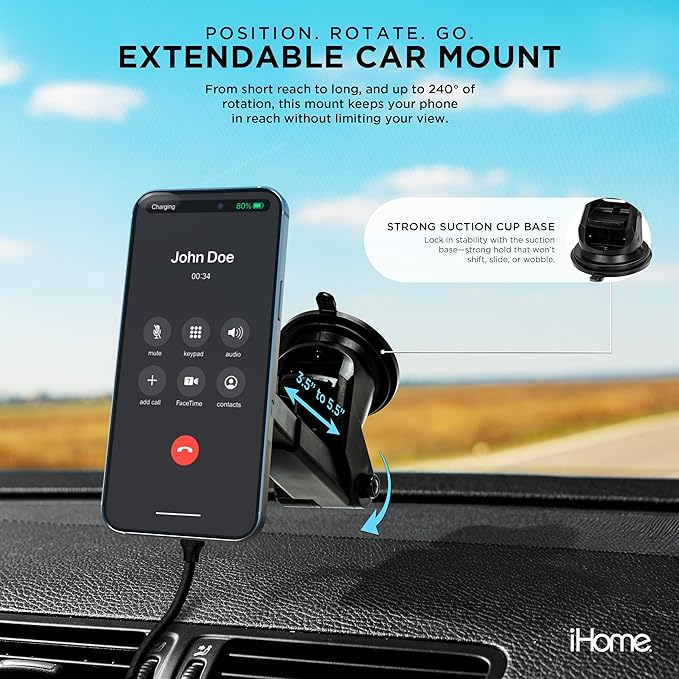 iHome 5-in-1 Complete Car Charging Kit, 15W MagSafe Charger, Dual Port Adapter, Mounts & Cable
