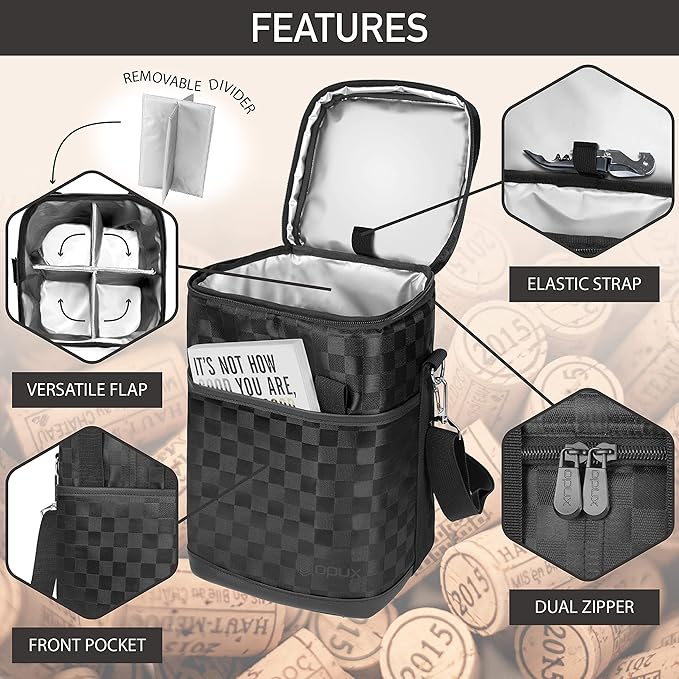 Opux 4 Bottle Insulated Wine Cooler Bag - Leakproof Padded Portable Wine Bottle Carrier for Travel Picnic, BYOB Gift (Black Square)