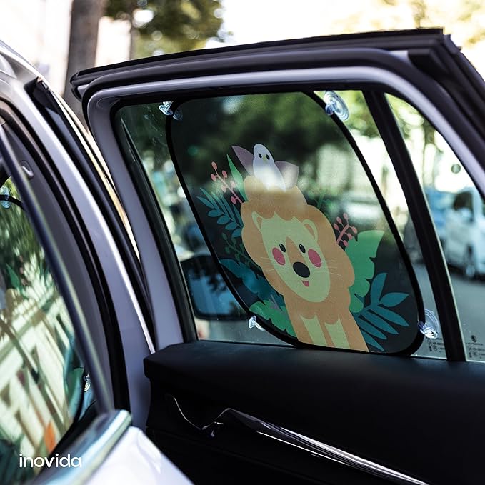 Car Sun Shades for Kids – 2-Pack Baby Window Shades with UV Protection – Cute Animal Design with Suction Cups – 17"x14" Sun Protection for Car Windows – by Inovida
