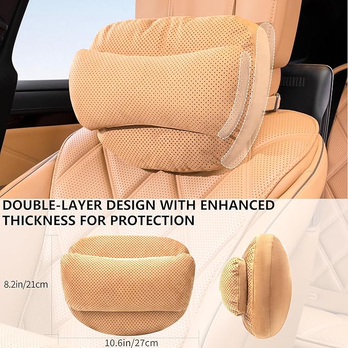 Car Neck Pillow, Premium Suede Car Neck Pillow with Adjustable Strap, Ergonomic Car Neck Support Pillow for Relieve Driving Fatigue (Palomino Brown)