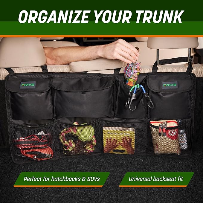 DRIVE - Back Seat Trunk Organizer, Space Saving Hanging Car Organizer, Collapsible Car Storage Bag with 8 Large Pockets for SUV, Black