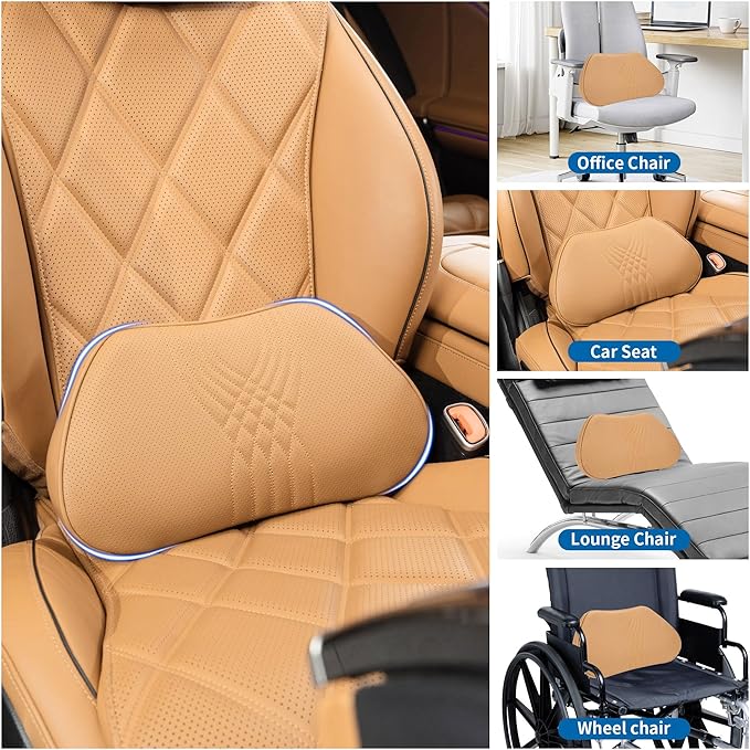 Lumbar Support Pillow for Car Seat, Office Chair Nappa Leather Memory Foam Lower Back Cushion for Back Pain Relief Improve Posture, Ergonomic Back Rest for Gaming Chair, Palomino, 1PC