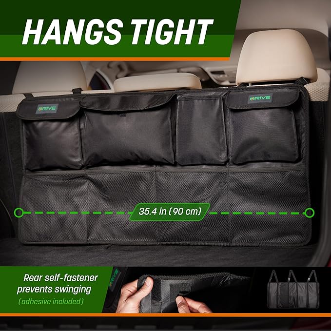 DRIVE - Back Seat Trunk Organizer, Space Saving Hanging Car Organizer, Collapsible Car Storage Bag with 8 Large Pockets for SUV, Black