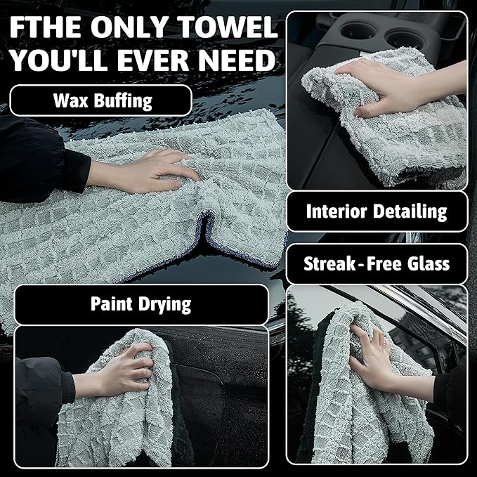 Greenfound Microfiber Towel for Cars, 1000GSM Car Drying Towel, Double Twist Pile & Edgeless Design, No Streaks, Scratches, or Water Spots, Soft and Absorbent, 18"×24", Check Silver&Grey