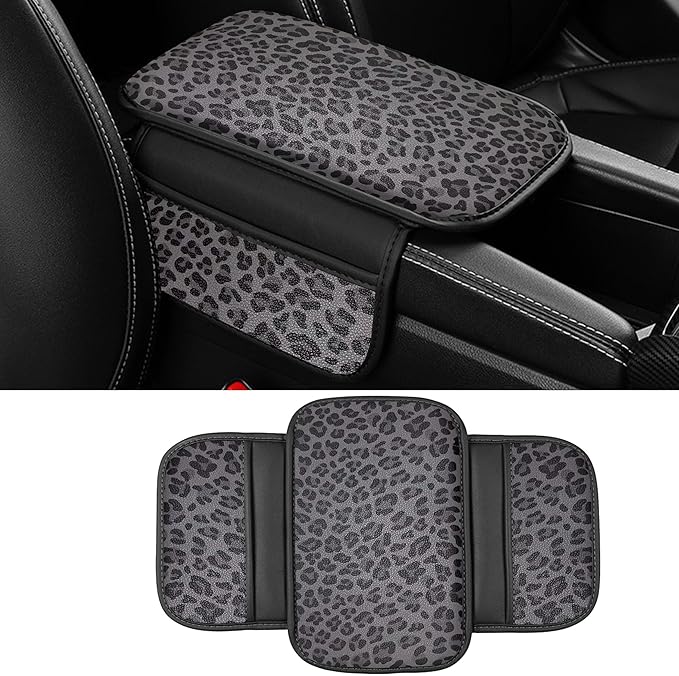 Dotesy Gray Cheetah Print Car Center Console Cover,Microfiber Leather Car Armrest Pad Cushion with 2 Storage Bags,Universal Car Armrest Storage Box Car Interior Accessories for Most Vehicles