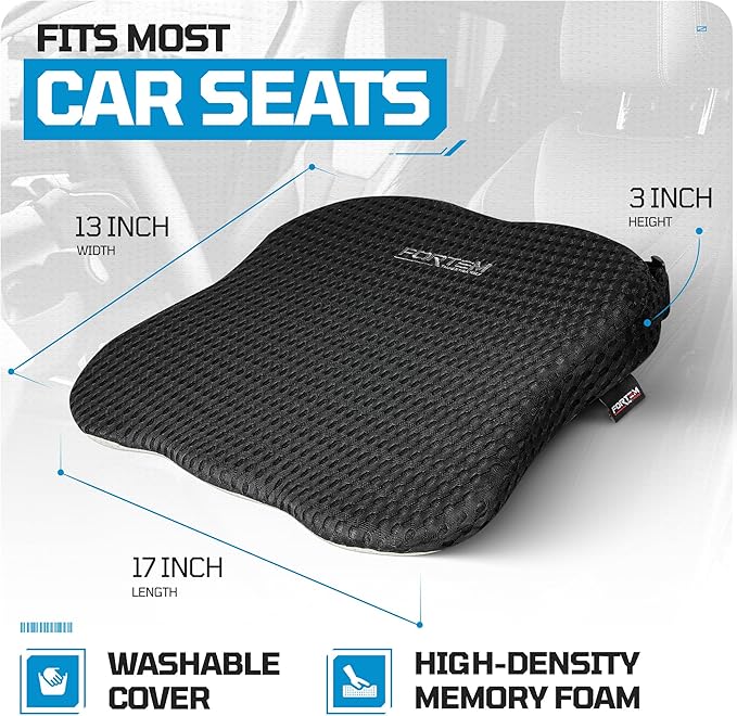 FORTEM Car Seat Cushion, Memory Foam Wedge Cushion for Driving, Car Seat Pad for Comfort, Non Slip Bottom, Adjustable Straps, Washable Cover
