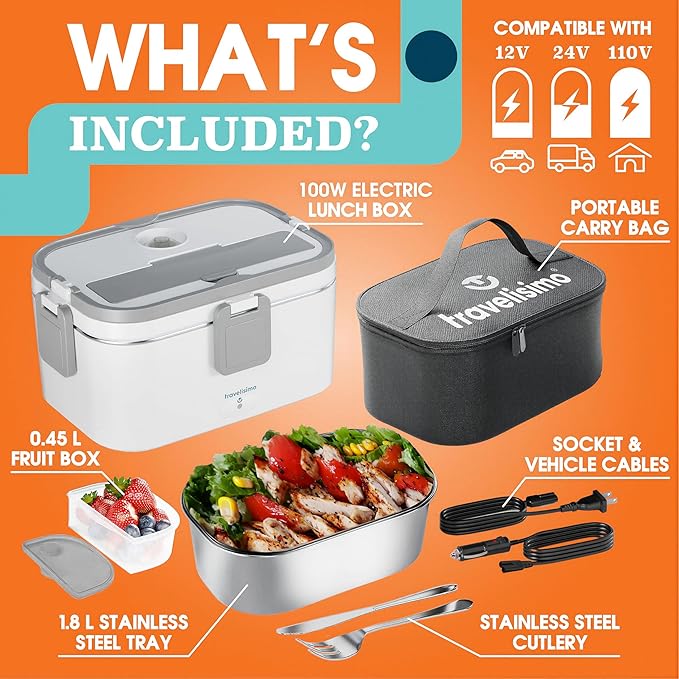 TRAVELISIMO Extra-Large Electric Lunch Box For Adults Holds up to 8 Cups - 100W Heated Lunch Box For Men 1.8L, Portable Food Warmer for Travel & Work, Loncheras Electricas Para Calentar Almuerzo