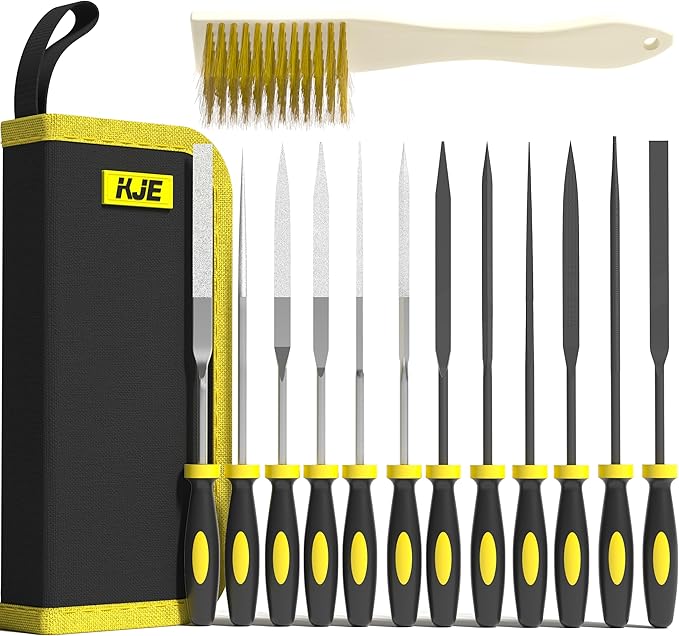 KJE 13PCS Needle File Set, Small File Set Includes 6PCS Diamond File, 6PCS Metal File, Cleaning Brush & Carrying Case for Precision Metal, Jewlers, Wood, Leather and Plastic
