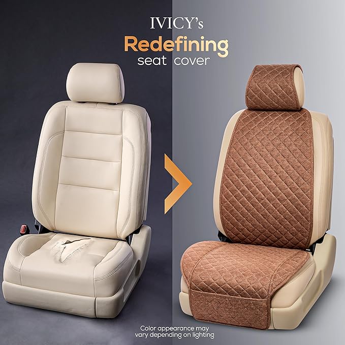 IVICY Faux Linen Front Car Seat Cover – Durable, Non-Slip Seat Protector for Cars – 1 Unit, Light Brown