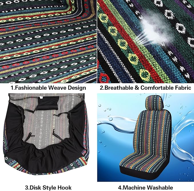 Pariitadin Baja Saddle Blanket Car Seat Covers Front Set with Seat Belt Pads, Washable Breathable Striped Woven Cloth Seat Covers for Cars, Universal Fit Most Cars, Airbag Compatible, Red/Blue