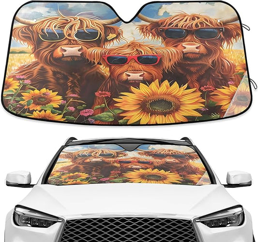 Highland Cows Sunflowers Windshield Sunshade Car Sun Shade Front Window Shade for Truck SUV Blocks UV Rays Sun Reflector Visor Protector Accordion Folding